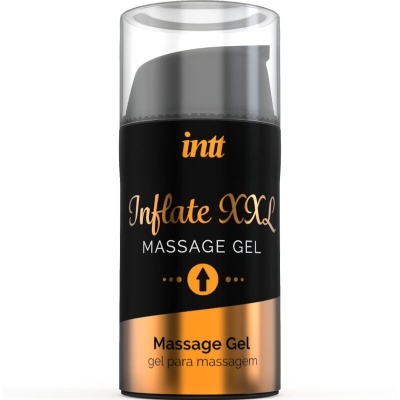Frasco preto e dourado de gel para massagem da marca intt com texto visível