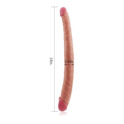Objeto alongado cor pele com extremidades rosa e texturas, medidas indicadas.