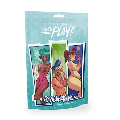 Embalagem azul claro com texto Lets PLAY!! e ilustrações coloridas de figuras animadas