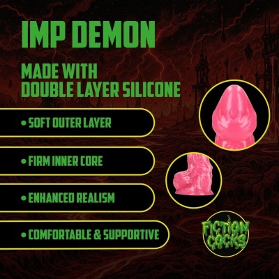 Promoção do produto IMP DEMON em silicone rosa com dupla camada e texto explicativo