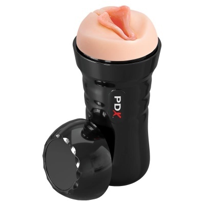 Dispositivo sexual masculino preto com capa em silicone cor de pele.