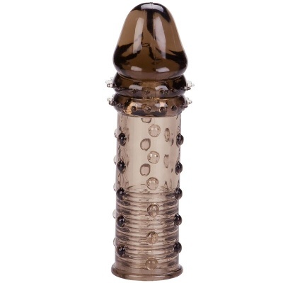 Capa texturizada transparente e castanha de silicone com forma fálica.