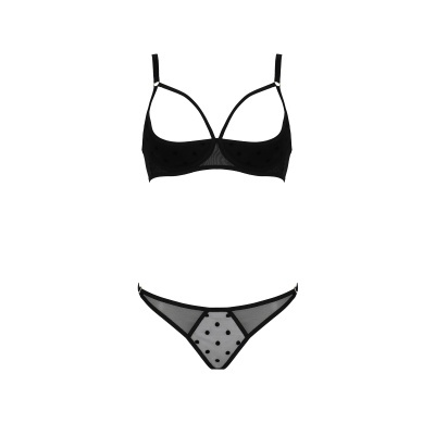 Conjunto lingerie preto com sutiã e calcinha em tule com bolinhas