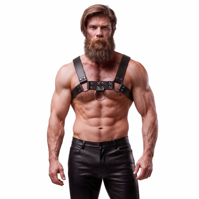 Homem musculado com arnês e calças de couro preto em fundo branco.