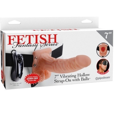 Cinto com vibrador oco cor pele de 7 polegadas com comando remoto preto e máscara preta na embalagem