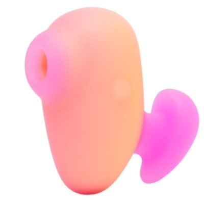 Produto de silicone rosa e laranja com abertura circular e botão
