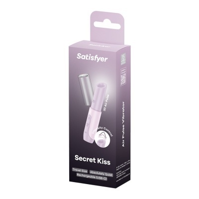 Embalagem do vibrador Satisfyer Secret Kiss lilás com texto e imagem do produto