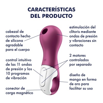 Vibrador roxo com base branca e texto explicativo em espanhol