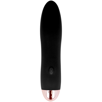 Vibrador preto com base metálica rosada e botão de ligar