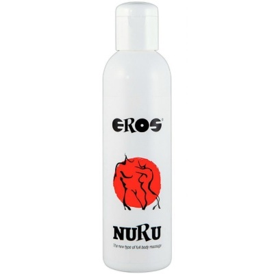 Frasco branco de produto para massagem EROS NURU com ilustração vermelha e preta