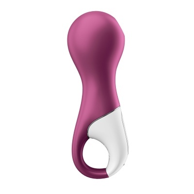 Dispositivo de silicone rosa com base branca e formato ergonómico
