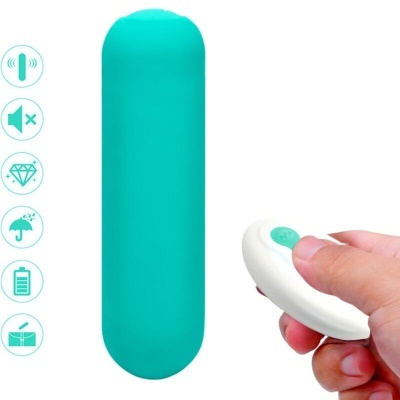 Vibrador azul turquesa com controlo remoto branco e botão verde