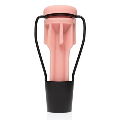 Ferramenta para abrir garrafas de champanhe com plástico rosa e suporte metálico preto