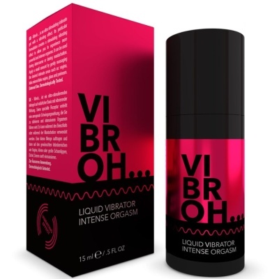 Embalagem e frasco de produto líquido com design preto e fúcsia e texto VIBROH