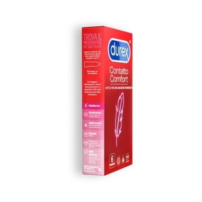 Embalagem vermelha de preservativos Durex Contatto Comfort com desenho de pena branca