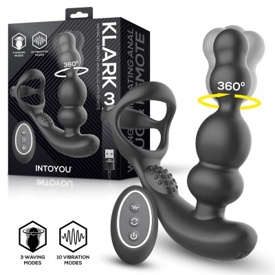 Plug anal preto com três esferas e controle remoto e caixa com texto e ícones.