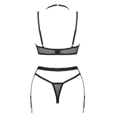 Conjunto de lingerie preto feminino com sutiã e calcinha fio dental, detalhes em tecido transparente, alças ajustáveis e cinto de ligas.