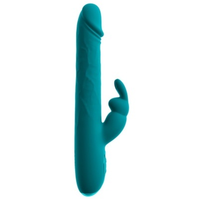 Vibrador azul turquesa com estimulador em forma de coelho em fundo branco