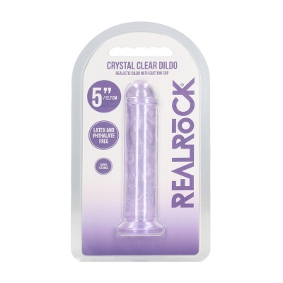 Dildo transparente lilás com ventosa em embalagem branca com texto lilás