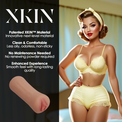 Mulher com lingerie amarela e texto promocional ao lado sobre material patenteado Xkin™