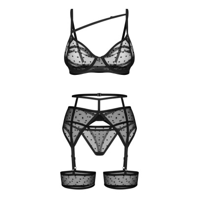 Conjunto de lingerie preto em tule transparente com bolinhas, soutien, cinta-liga e meias.