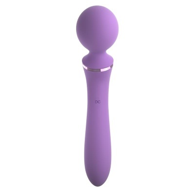 Vibrador massageador roxo com cabeça redonda e detalhe metálico