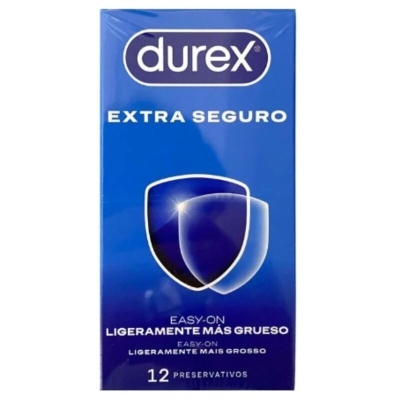 Caixa azul de preservativos Durex Extra Seguro com texto em espanhol e português.