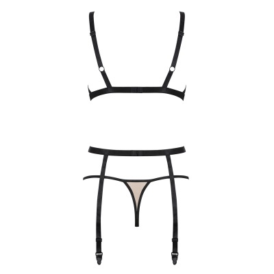 Conjunto de lingerie feminino preto com cinta-liga e tanga transparente