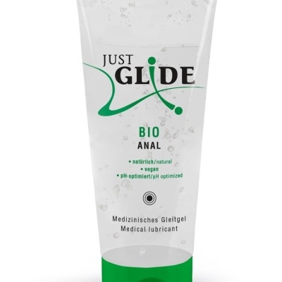 Frasco de lubrificante médico Just Glide Bio Anal com tampa verde.