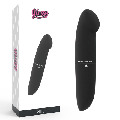 Vibrador preto com controle OPEN OFF ON ao lado da embalagem PHIL Glossy