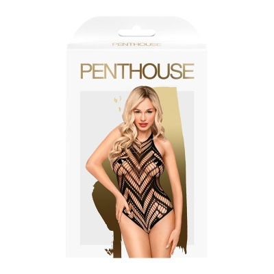 Embalagem com imagem de mulher em body preto de rede PENTHOUSE