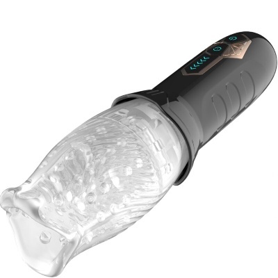 Penis masturbador masculino com parte transparente e controlo preto com botões