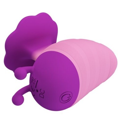 Dispositivo rosa e roxo em silicone com botão e símbolos de uso
