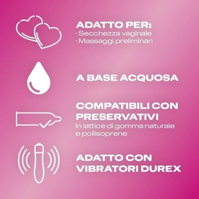 Texto e ícones em fundo rosa relacionados a produto para secura vaginal e compatível com preservativos e vibradores