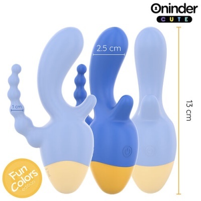 Três vibradores azuis com base amarela e diferentes texturas e dimensões, selo Fun Colors edition