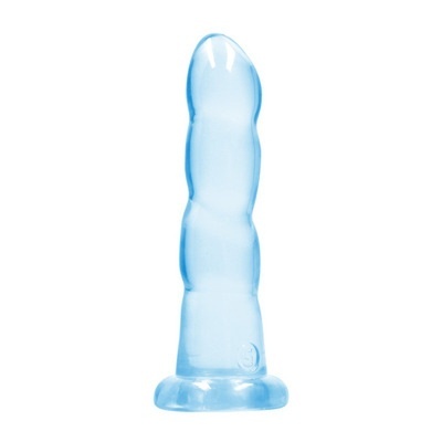 Dildo azul translúcido com textura segmentada e base larga