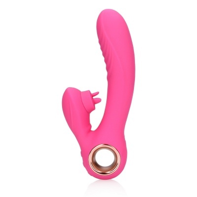 Vibrador rosa com anel dourado e duas extremidades distintas