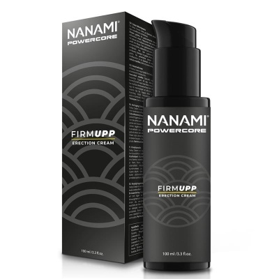 Frasco preto de creme de ereção NANAMI POWERCOR e sua caixa preta com texto branco e amarelo.