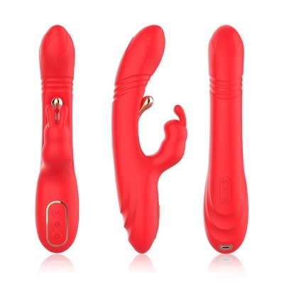 Três vibradores vermelhos de silicone com botões e detalhes dourados
