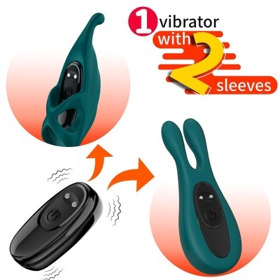 Vibrador preto com duas capas verdes de silicone e texto promocional