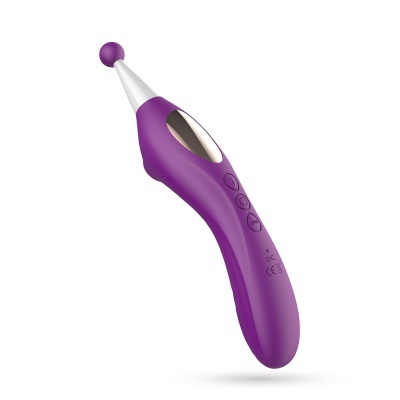 Massageador roxo com ponta esférica e detalhes prateados