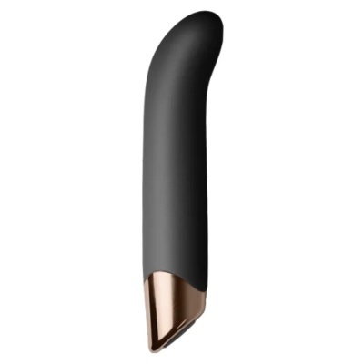 Vibrador preto com base dourada em fundo branco