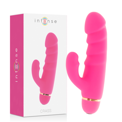 Vibrador rosa em silicone com estimulador secundário, embalagem com texto