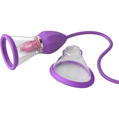 Dispositivo em silicone e plástico transparente roxo com duas partes cónicas ligadas por cabo flexível