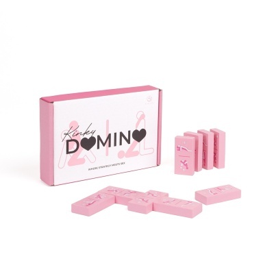 Jogo de dominó cor-de-rosa com ilustrações e embalagem com texto
