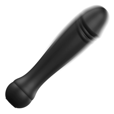 Objeto preto alongado e curvado com ranhuras e base arredondada