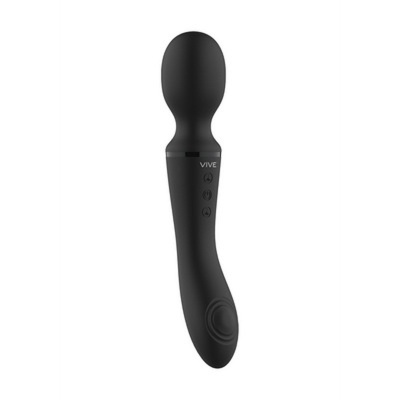 Vibrador preto de silicone com botões e texto VIVE