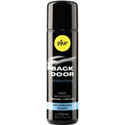 Frasco preto de lubrificante com rótulo amarelo e texto branco e azul
