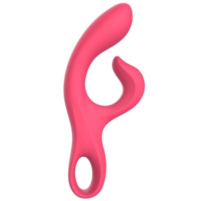 Vibrador rosa com duas pontas curvas e orifício na base