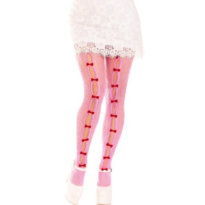 Meias-calças rosas com laços vermelhos e salto branco